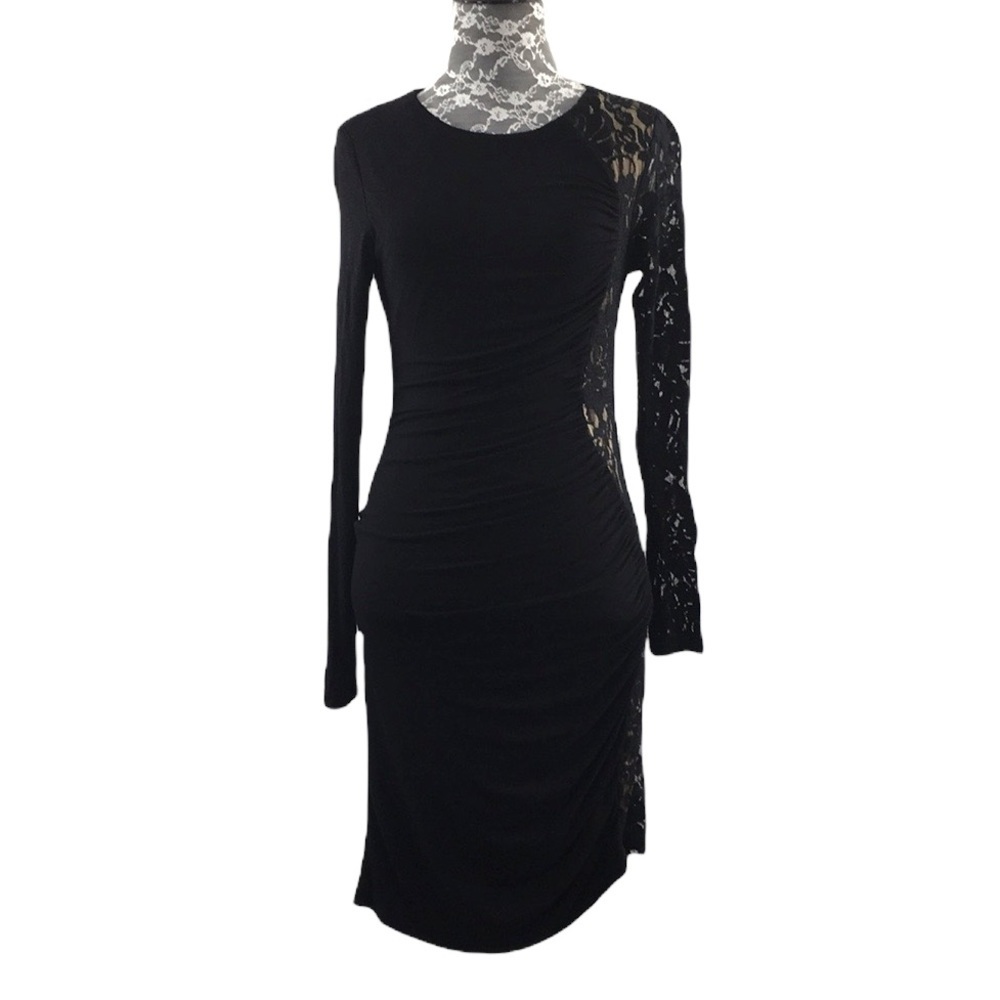 Cynthia Steffe Black Lace Bodycon Dress Womens Small Long Sleeve Ruched